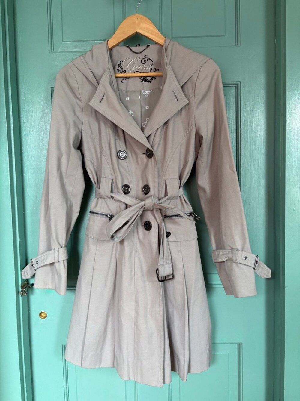 Guess Hooded Trench Coat in Light Gray